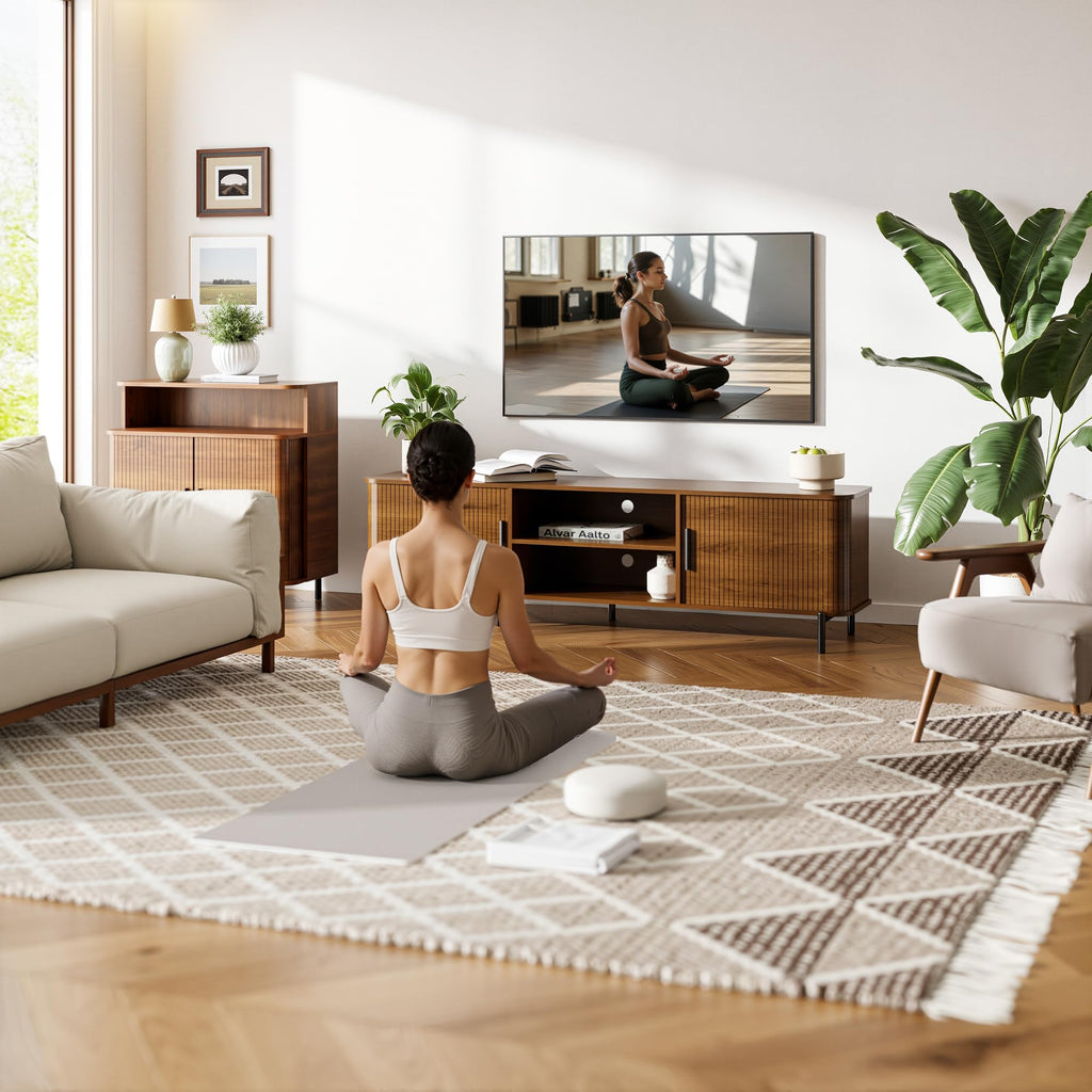 70" Mid-Century Fluted TV Stand with Storage up to 80 Inch, Walnut