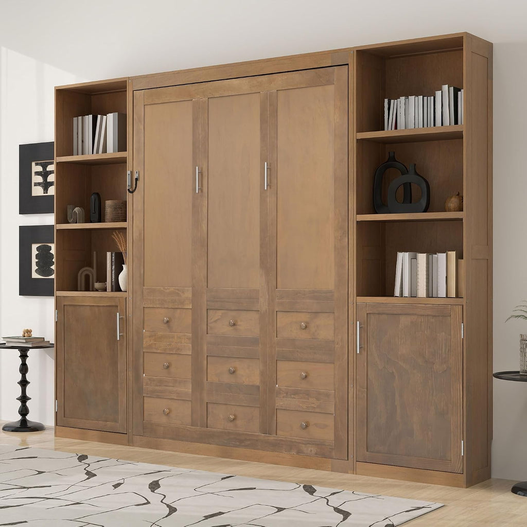 Queen Murphy Bed with Storage, Solid Wood Foldable Wall Platform Bed Frame with Storage Shelves and Cabinets for
