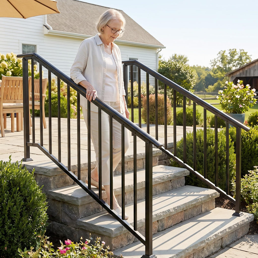 Handrails for Outdoor Steps Fits 5-6 Steps, Stair Handrail with Drainage Holes & Straight Ends, Wrought Iron Hand