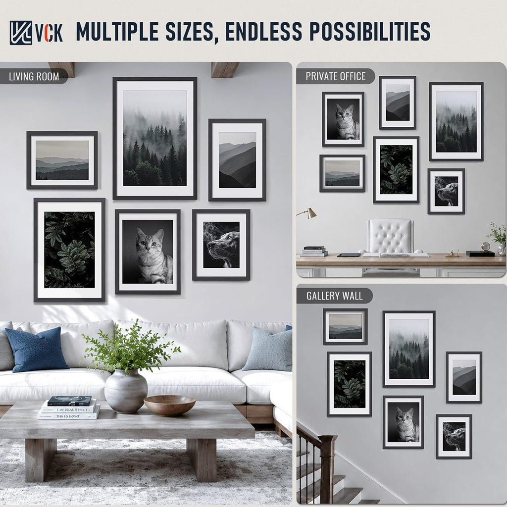 24x36 Frame 3 Pack, Black Solid Wood, 20x30 Mat, for Picture | Wide Border, Acid-Free Mat, 24x36 Poster Frame, Wall