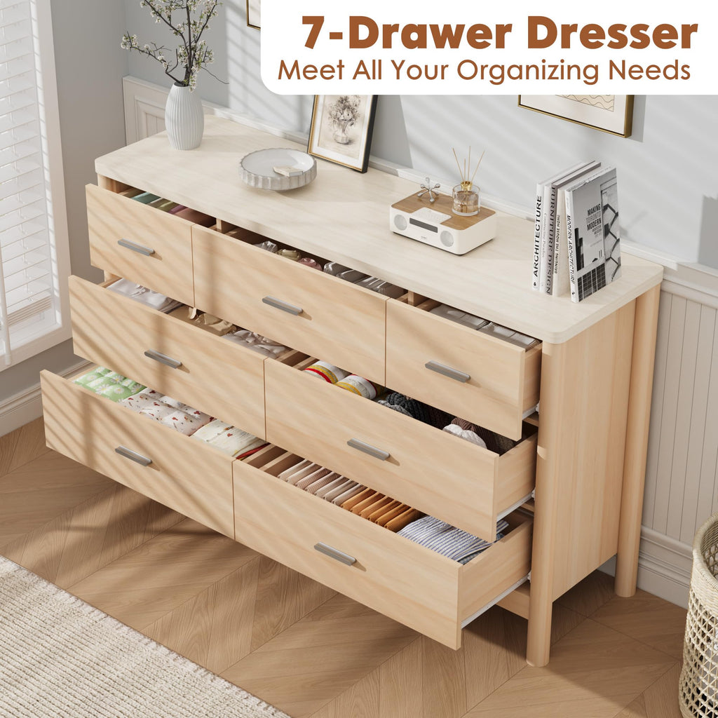 7 Drawer Dresser, Wooden Storage Chest of Drawers, Beige & Oak