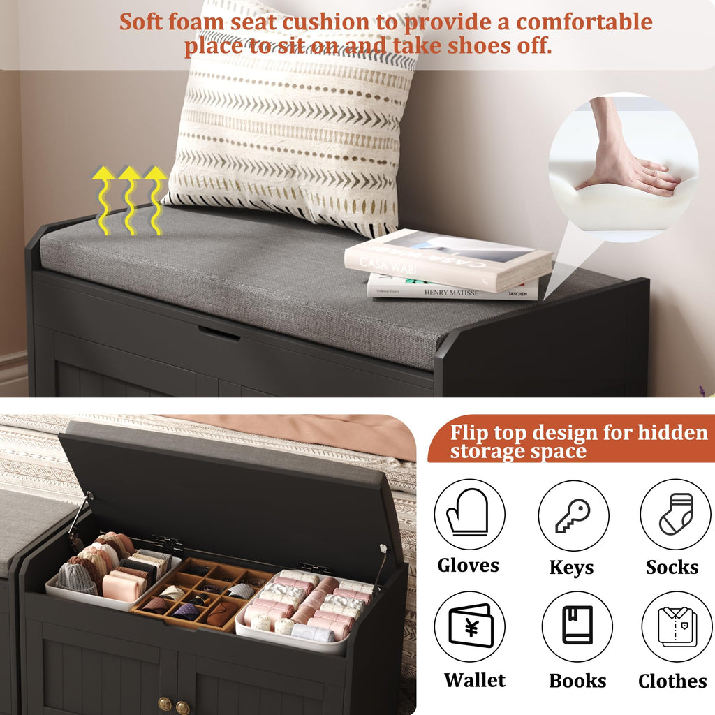 30" Shoe Bench with Lift Top Storage, Entryway Bench with Cushioned Seat, Wooden End of Bed Bench, Shoe Cabinet Bench