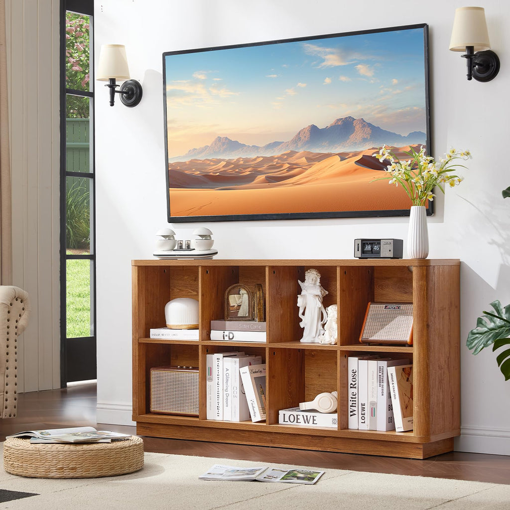 8 Cube Storage Book Shelf, 52" Long Horizontal Bookshelf with Curved Edge, Floor Standing Wooden Cubby Bookcase with