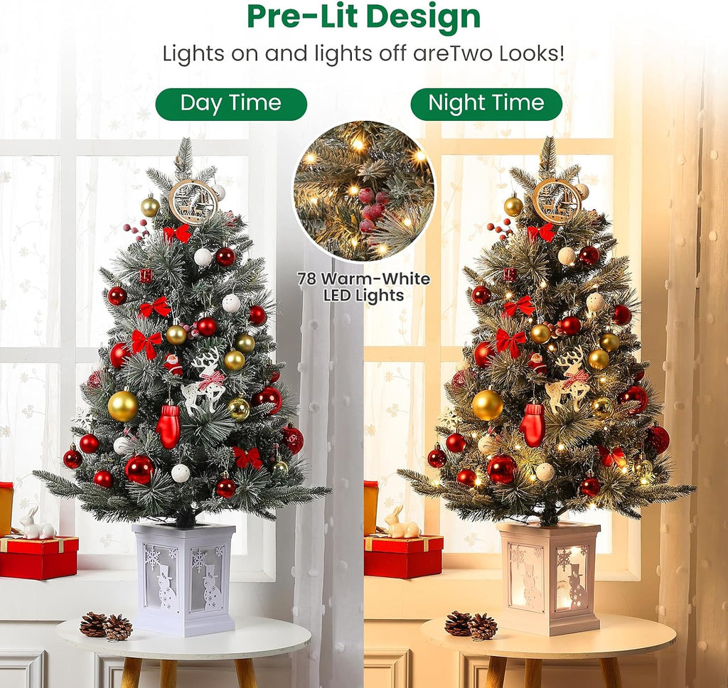 3ft Prelit Christmas Tree with 78 Warm Lights & Red Berry, Artificial Xmas Trees with Snowman Light Box Base