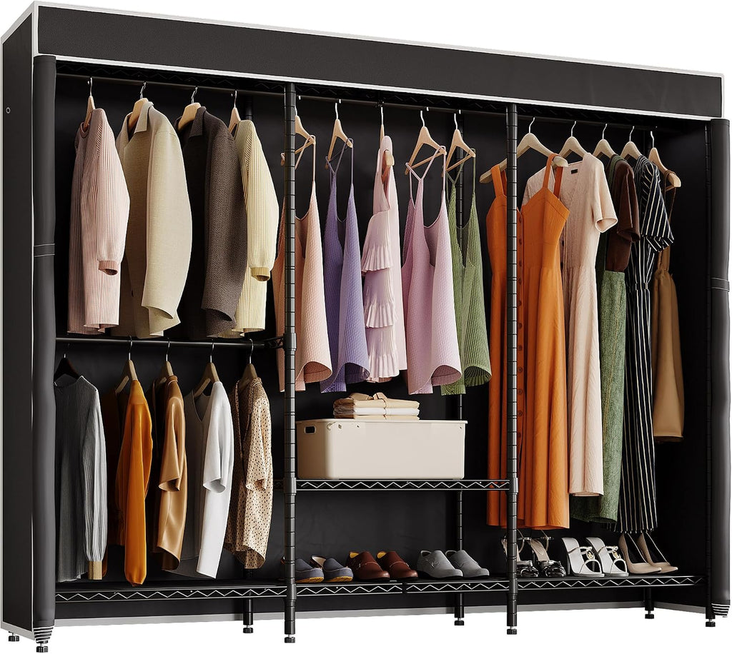H8 Heavy Duty Clothes Rack with Cover, Black Portable Closet | Garment Rack with Cover, Clothing Rack for Hanging