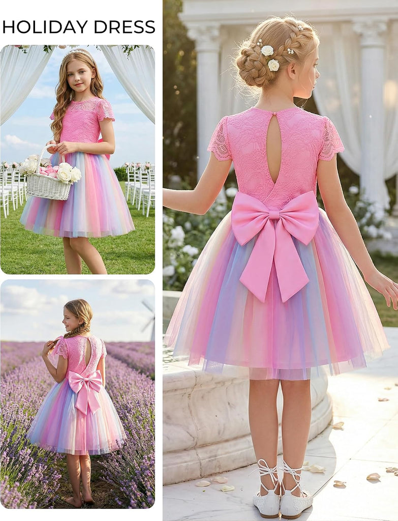 Flower Girl Dress Big Bow Kids Lace Tulle Princess Wedding Gown