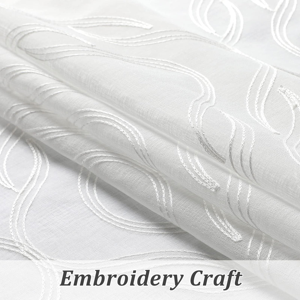 White Sheer Curtains Geometric Moroccan Embroidered 63 Inches