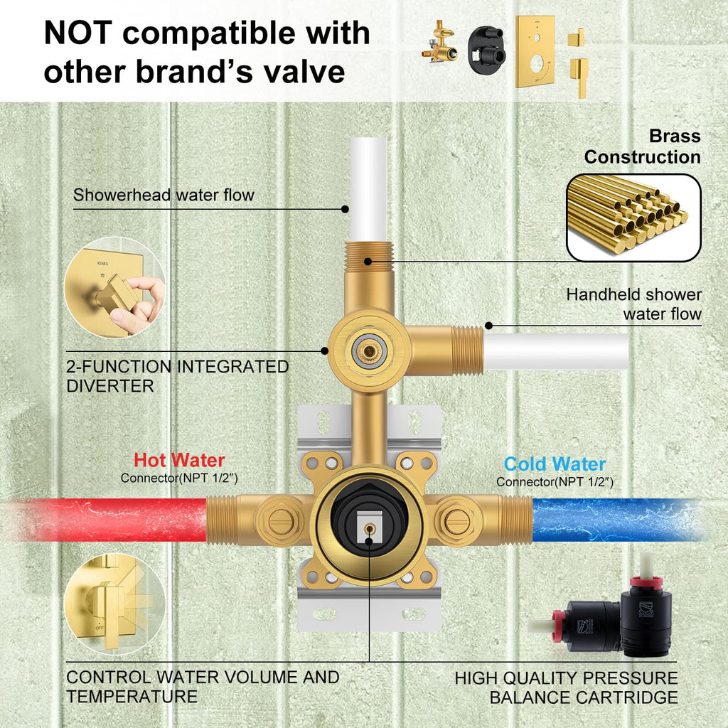 Brushed Gold Square Rainfall Shower System Faucet Set with Handheld