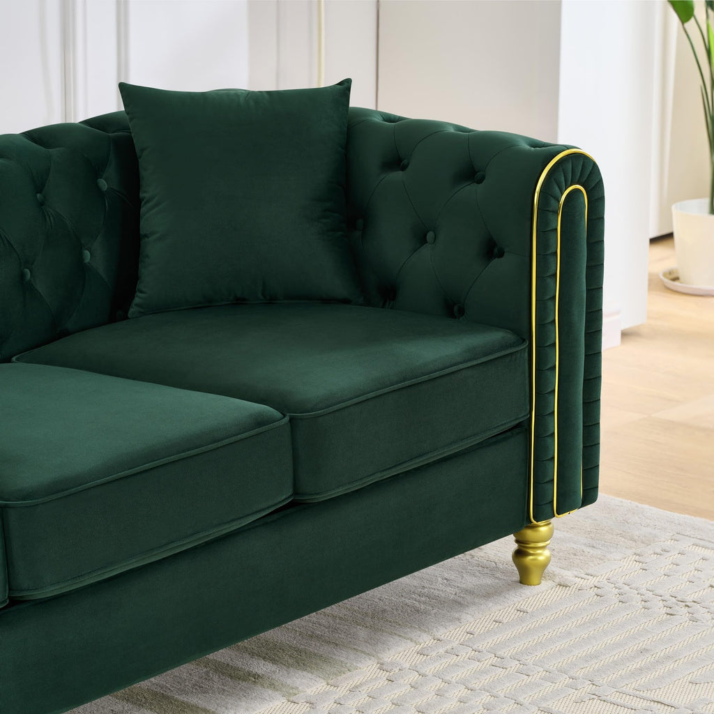 Chesterfield Button Tufted Sofa, Modern 3 Deep Seater Couch, Upholstered Comfy Sofa with 2 Pillows, Green