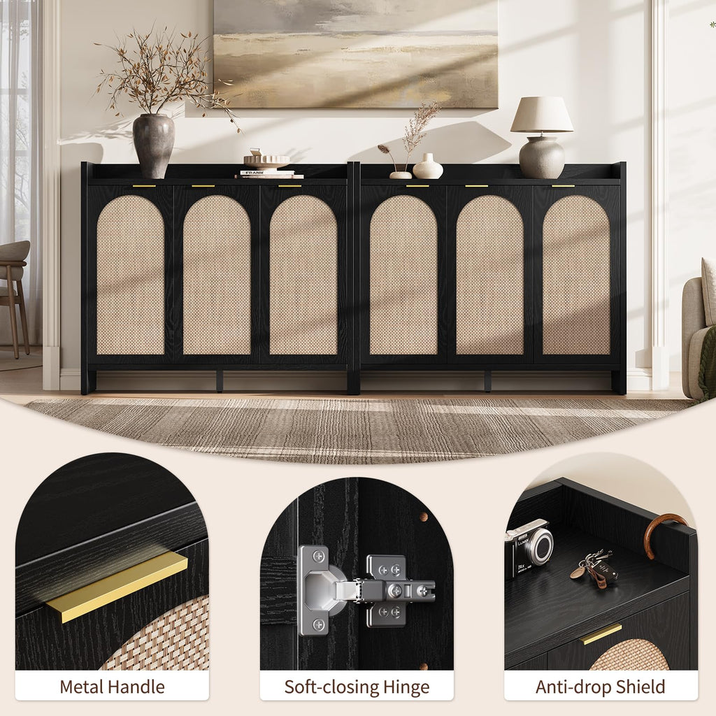 Shoe Cabinet Storage - Rattan Accent Cabinet with 3 Doors & Adjustable Shelves, 6-Tier Large Wood Shoes Cabinets with