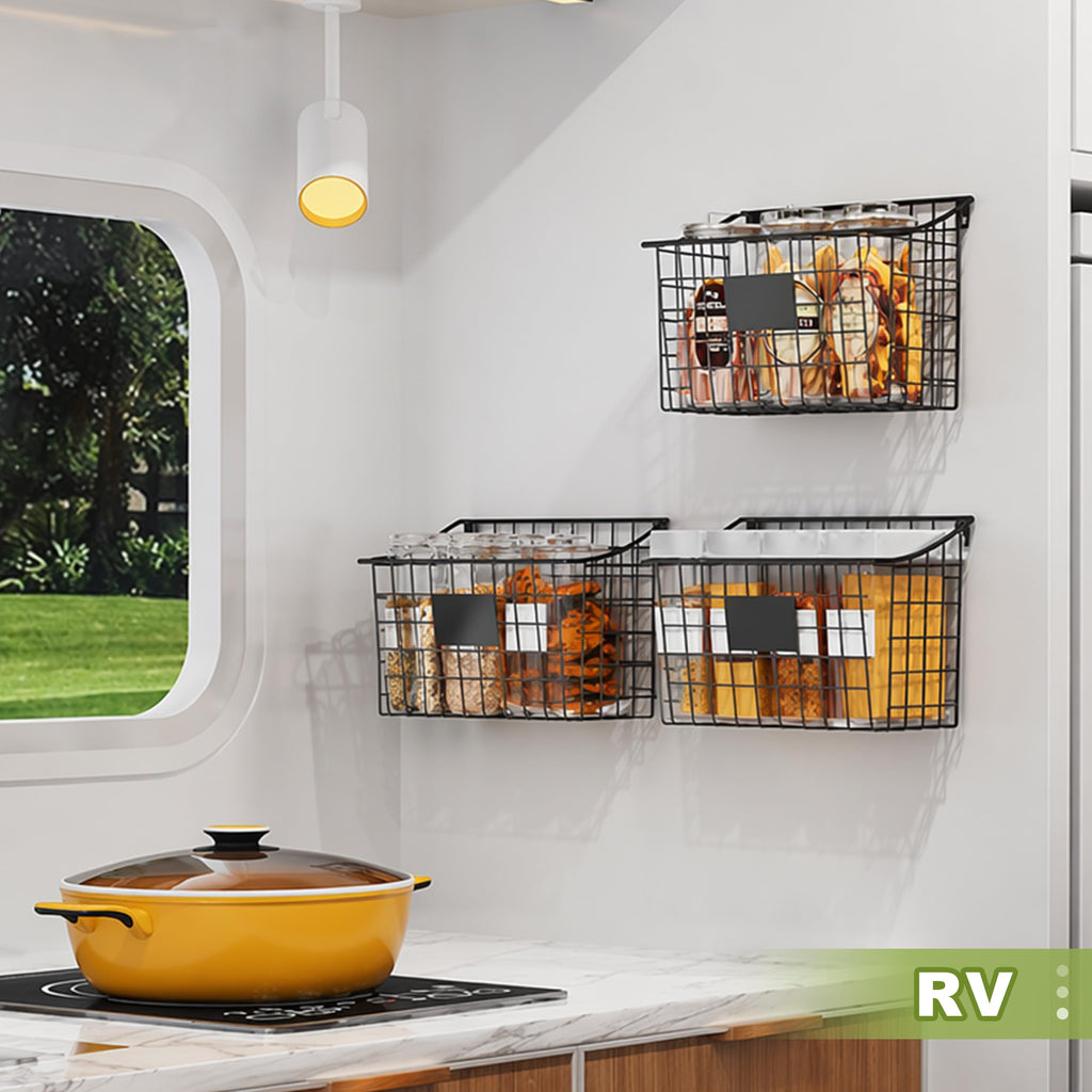 Wall Mounted Bin Basket with 5 Hooks 3 Label Plate Adhesive-3 Pack, Cabinet Hanging Metal Wire Basket, Rustic
