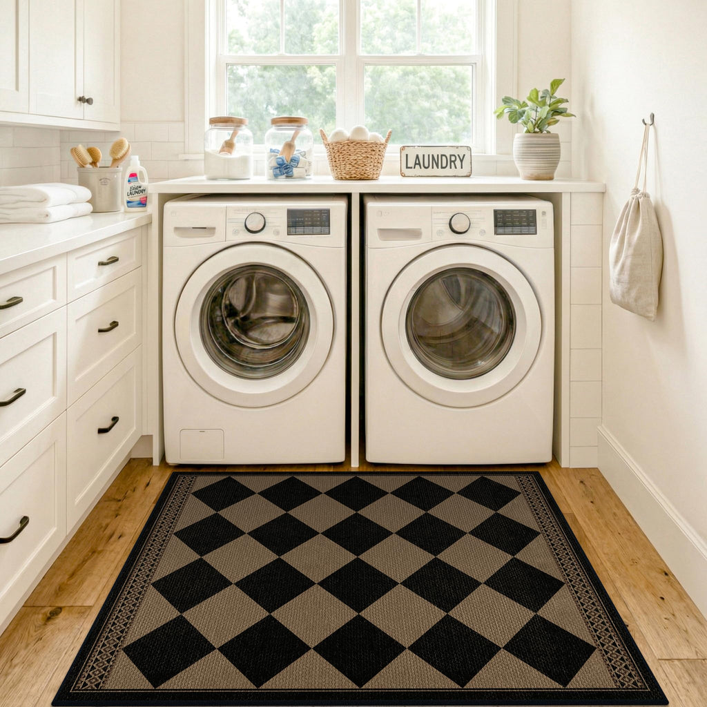 3x4 Checkered Outdoor Rug, Easy Jute Indoor Throw Rug, Diamond Farmhouse Front Porch Rug, Boho Washable Non Slip