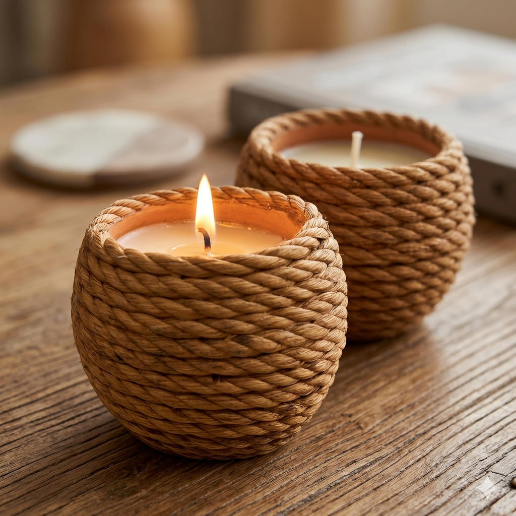 Large Basket Ceramic Candle Bowls 6 oz - Set of 2