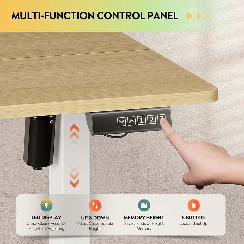 55 Inch Standing Desk with Split Top, Computer Desk, Maple | LED Touchscreen, Headphone Hook, 3 Memory Preset