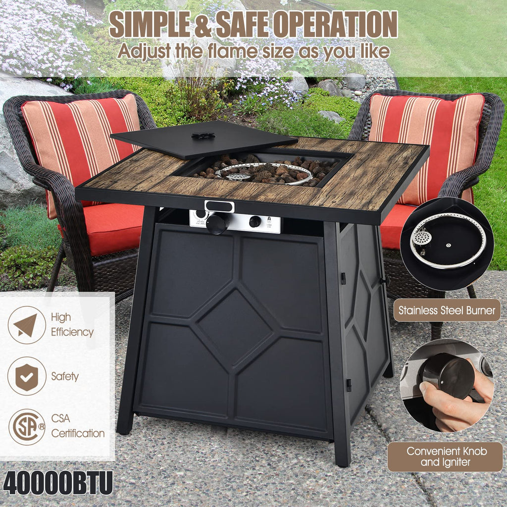 28 Inches Propane Fire Pit Table, 40, 000 BTU Square Fire Table with Lid, Lava Stone, Waterproof Cover and Instant