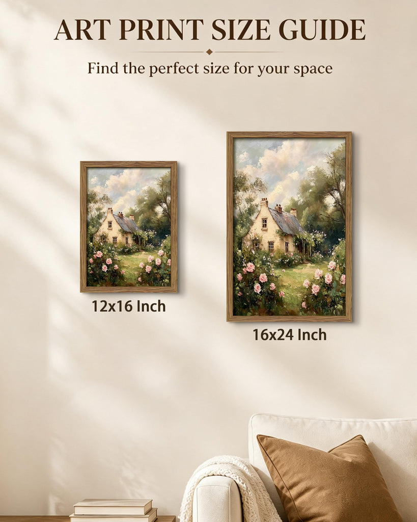 English Cottage Framed Canvas Wall Art, Vintage Garden Cottage Painting Print Picture, Cottagecore Farmhouse
