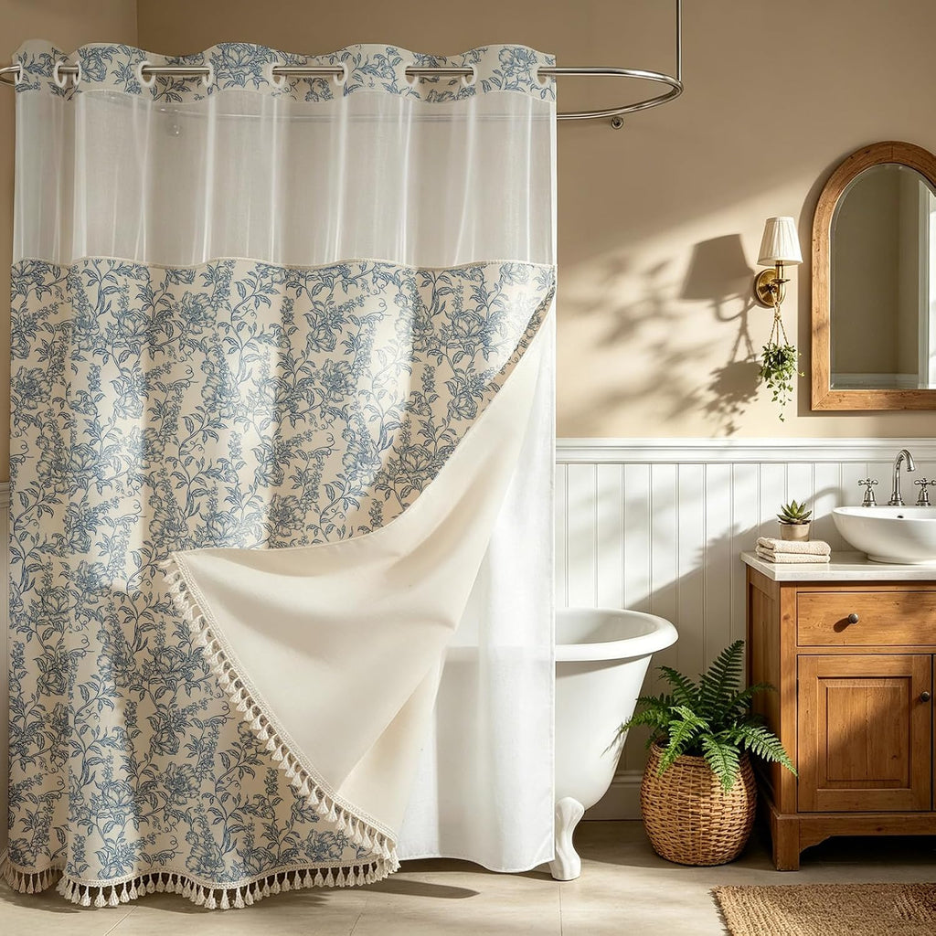 Vintage Blue Floral No Hook Shower Curtain Set with Snap-in Liner 72"x75" | Farmhouse Fabric 2 in 1 Shower Curtain