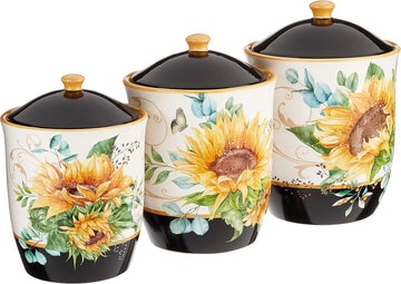 Sunflower Fields 3-Piece Ceramic Canister Set with Airtight Lids - Decorative Floral Storage Jars Counter, Pantry - Set of 3
