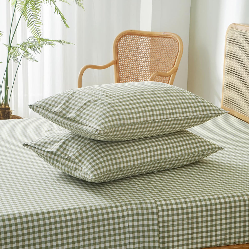 Gingham Queen Sheet Set, 100% Washed Cotton Linen Feel Sage Green Plaid Printed Sheet Sets Lightweight Soft Grid Bed