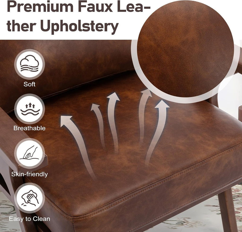 Faux Leather Accent Chair with Overstuffed Cushion, Mid-Century Modern Armchair with Solid Wood Frame, Upholstered