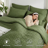 Queen Comforter Set 7 Pieces, Olive Green Seersucker Bed in a Bag with Comforter and Sheets