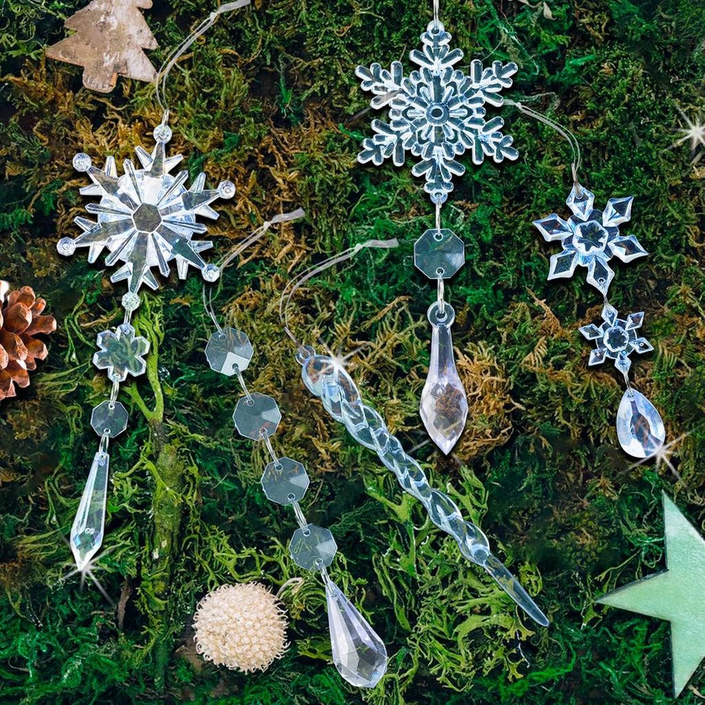 Crystal Christmas Tree Ornaments, Blue Acrylic Snowflake & Icicle - Set of 18