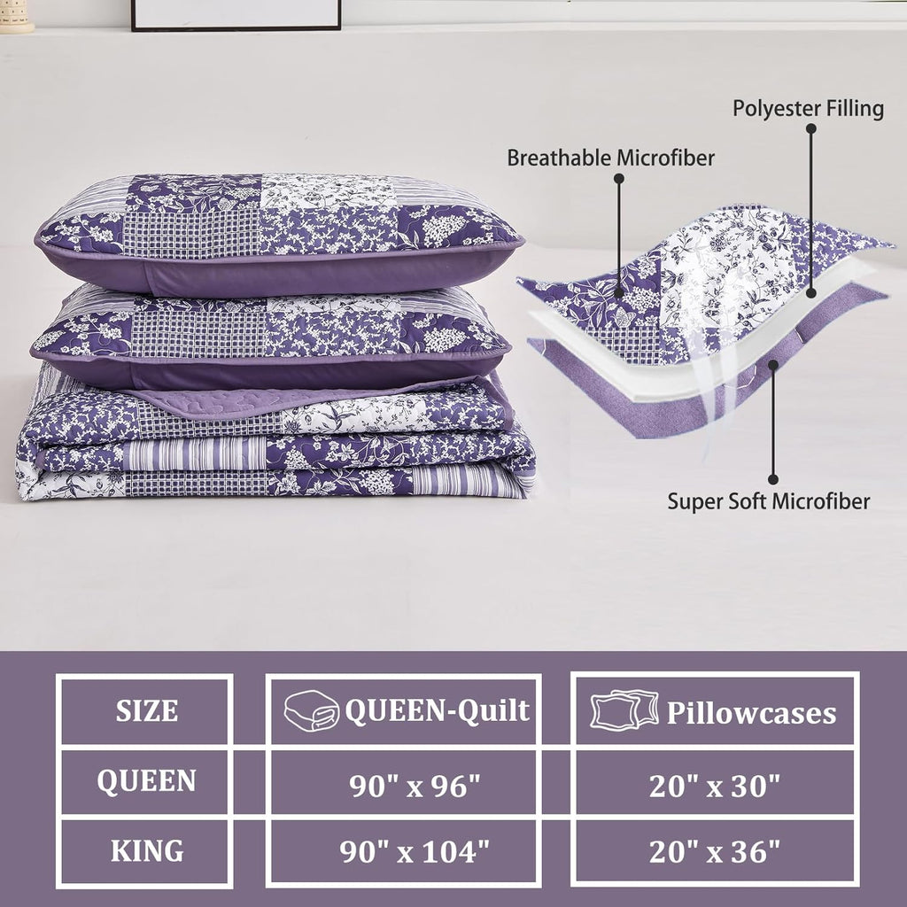Quilt Set Queen,3 Pieces Boho Floral Plaid Bedspread Coverlet Set for All Season,Patchwork Reversible Bedding Set