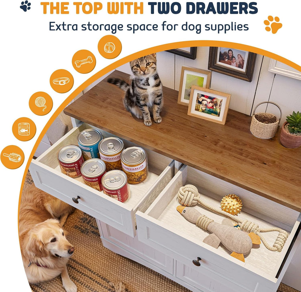 Double Tilt Out Trash Can Cabinet with Dog Bowl, 10 Gallons Dog Food Storage Cabinet, Hidden Trash Can Cabinet