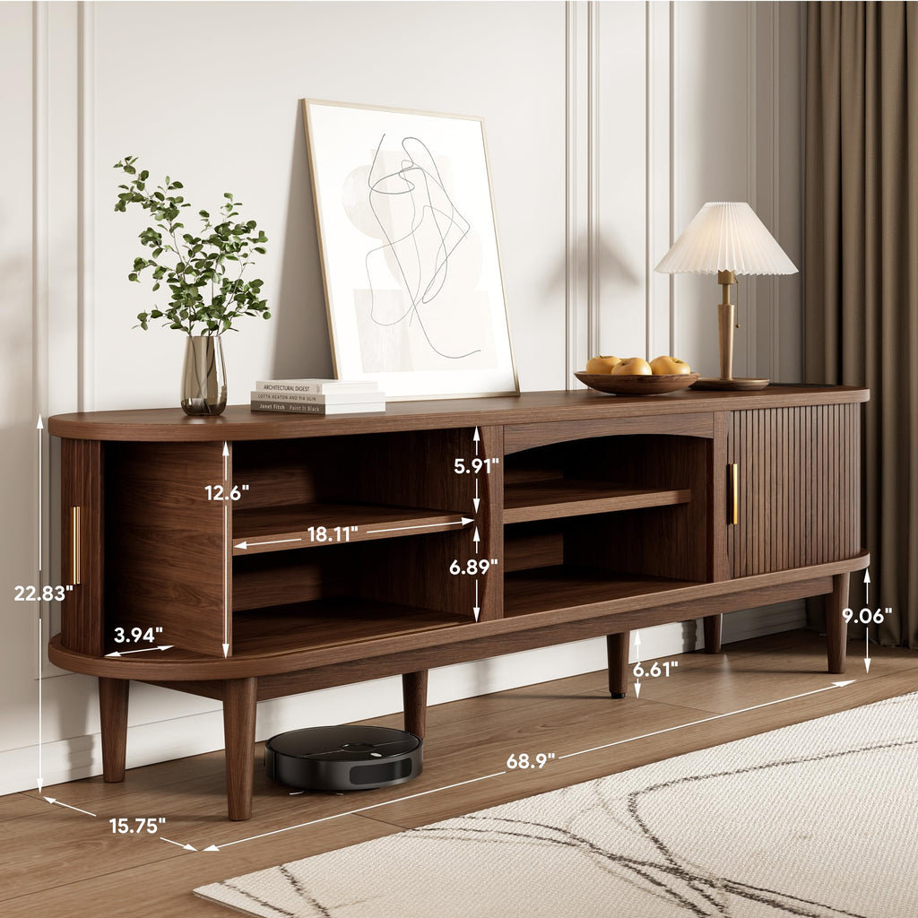 Mid Century TV Stand for TVs up to 80 Inches, Entertainment Center with Storage, Power Outlet, Fluted Sliding Doors &