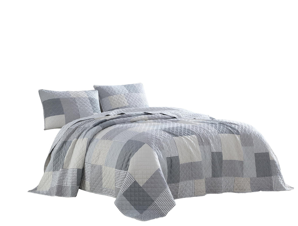 Anderson 3-Piece Printed Patchwork Quilt Set, Lightweight Polyester Cover with 100% Cotton Filling, Modern Gray Plaid