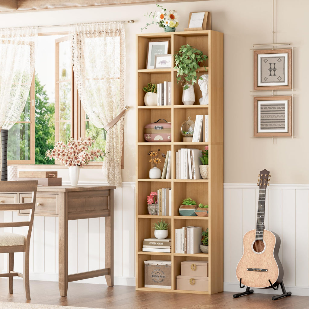 Wood Bookshelf 7-Tier Narrow Bookshelf Tall CD Media Tower Rack