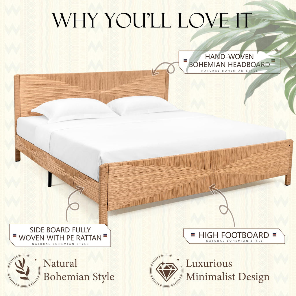 Hand-Woven PE Rattan Bed Frame with Headboard and Footboard, Boho Mid Century Modern Bedframe with Vintage