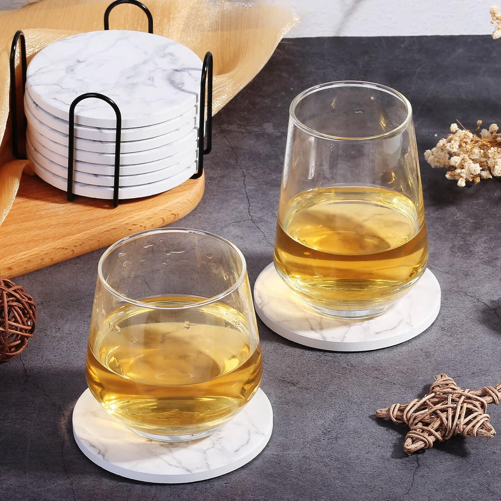 Ceramic Coasters for Drinks with Holder, Absorbent Drink Coasters for Coffee Table, Marble Style Coasters - Set of 9