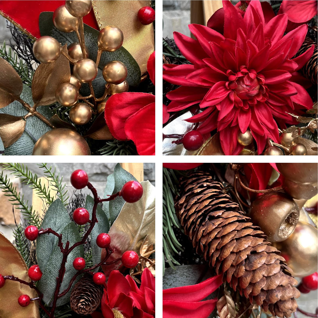 24 Inch Red & Gold Christmas Wreath for Front Door with Velvet Ribbon