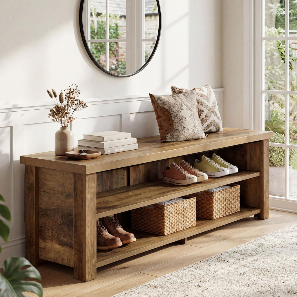 55.12" Entryway Bench with Storage, Farmhouse Shoe Storage Bench