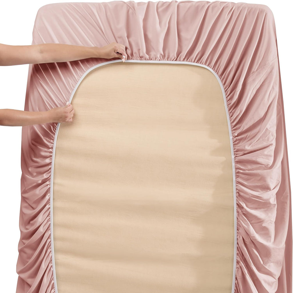 Extra Deep Pocket Sheet Sets, Luxury Soft 6 Piece Bed Sheet Set Fits Mattress 18-24 Inches - King, Peach Beige