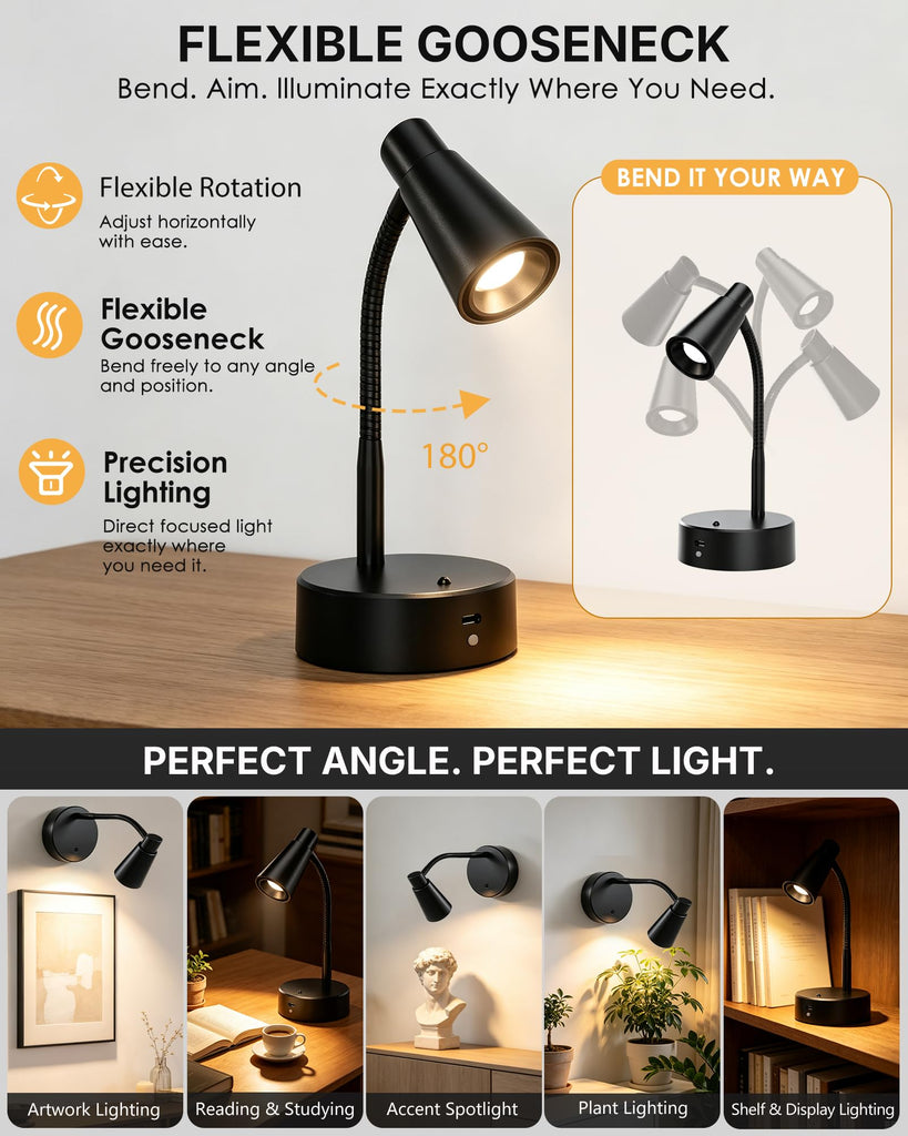 Picture Lights for Wall, 2 Pack 2500mAh Rechargeable Portable Magnetic Lamps with Flexible Gooseneck, Cordless LED