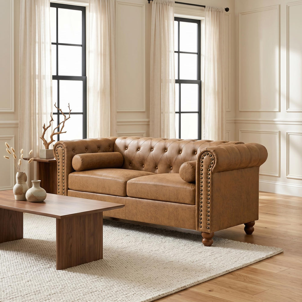 58" Brown Air Leather Chesterfield Loveseat, 2-Seater Sofa, Nailhead Trim