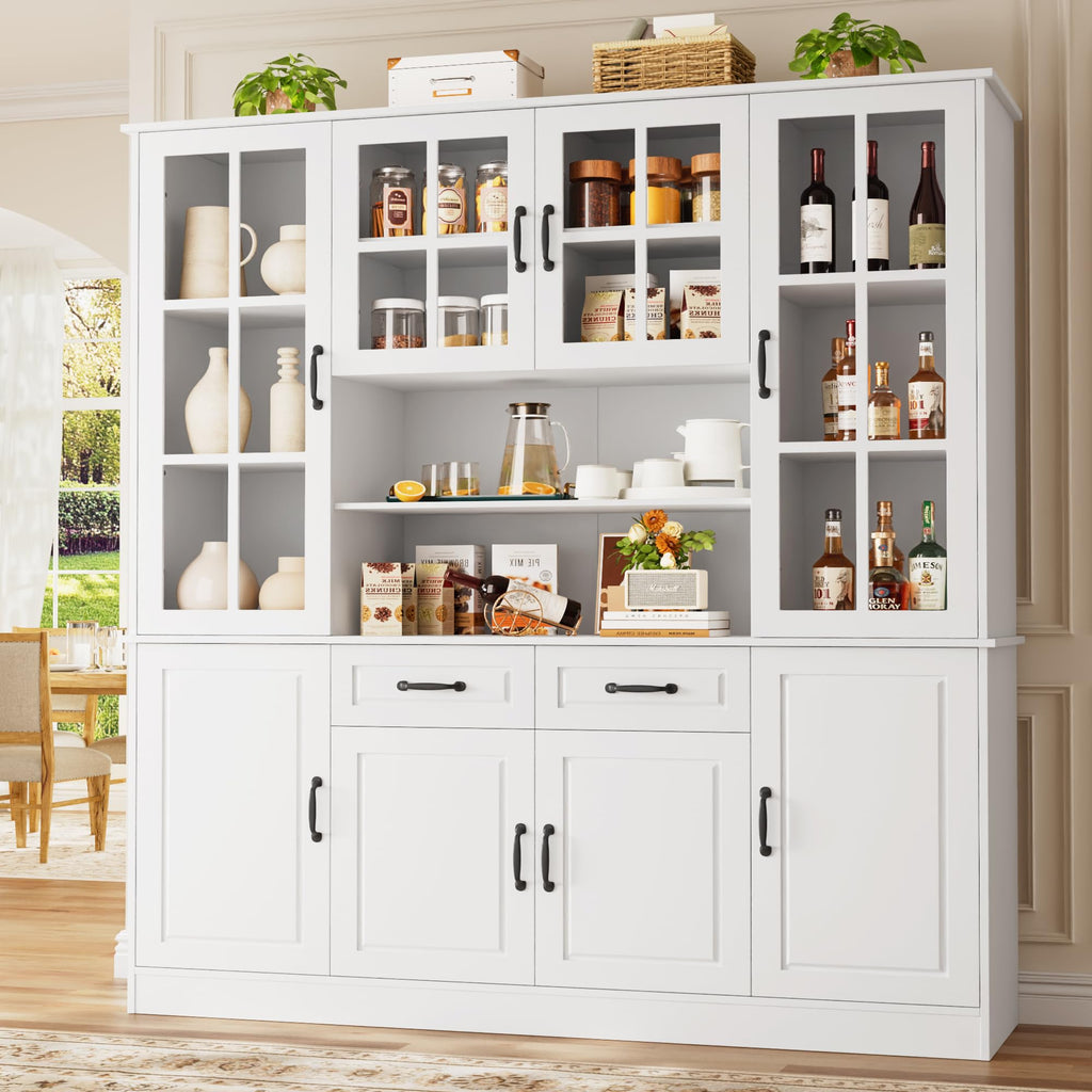 71" Tall Kitchen Pantry with Glass Doors, 63'' Wide Storage Cabinet with Drawers & Shelves, Large Kitchen Hutch China