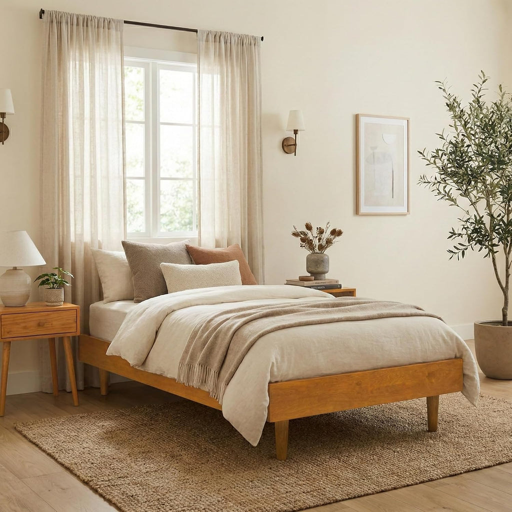 Fly Wooden Bed Frame Without Headboard, Solid Wood Foundation with Silent Slats and Wood Central Supports, 350 Lb
