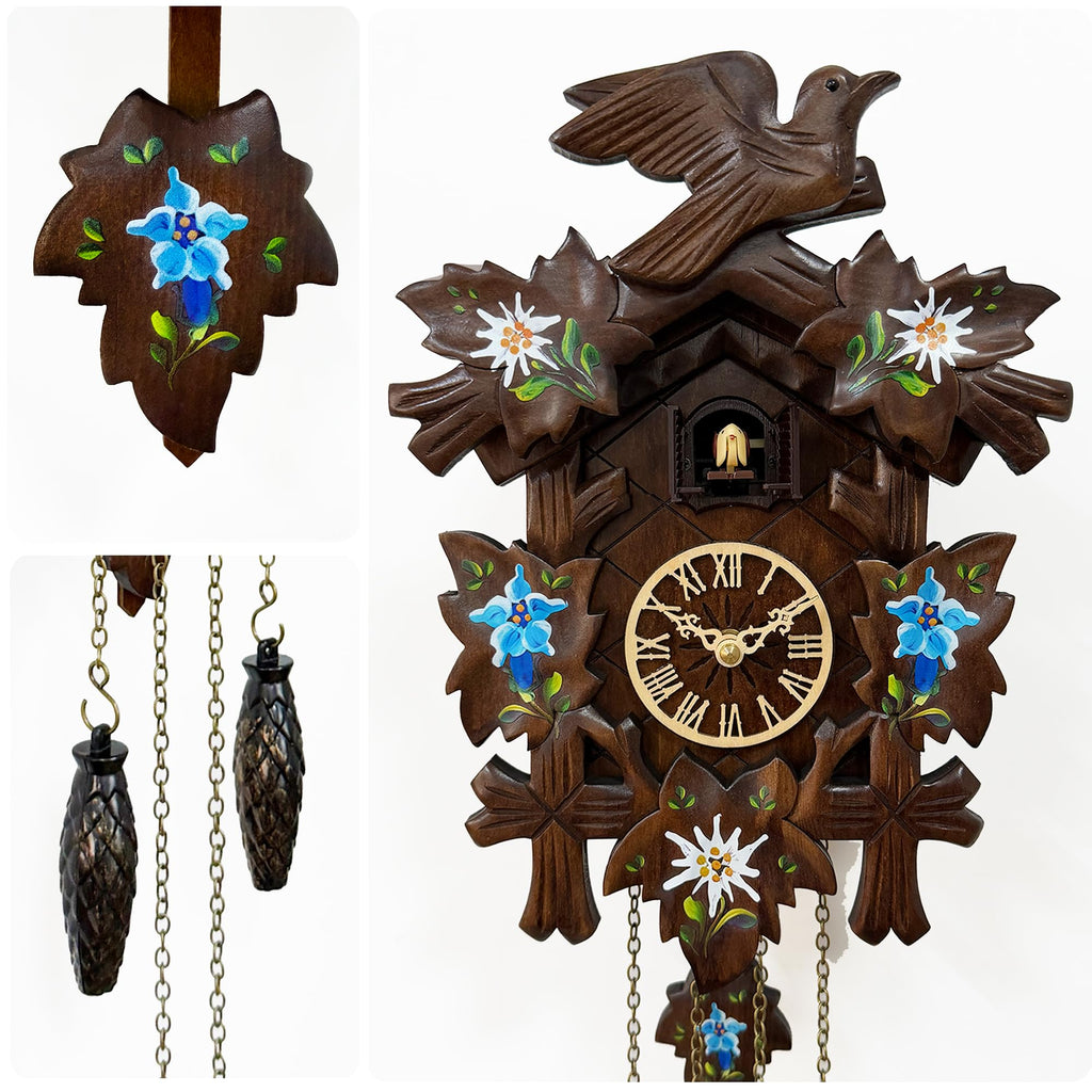 Handcrafted Edelweiss Cuckoo Clock, Black Forest Style, Quartz