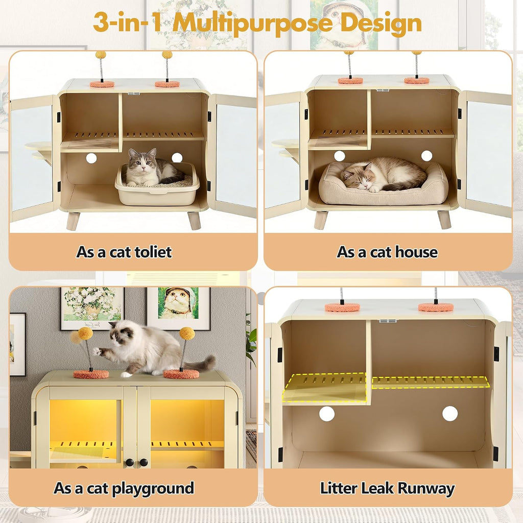 Cat Hidden Litter Box Enclosure with RGB LED Light, TV-Style Cat Litter Box Furniture Cabinet with Glass Doors, Side