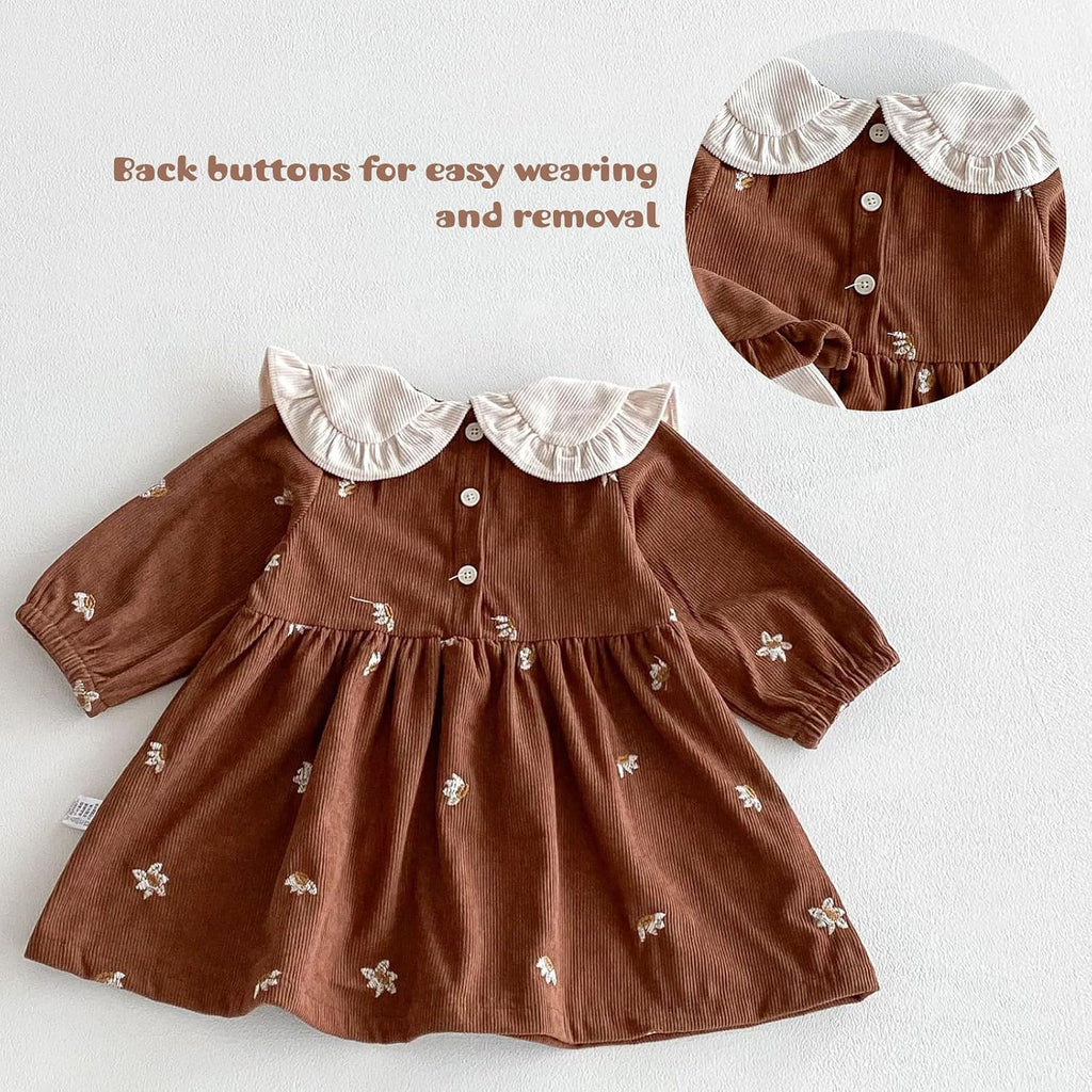 Toddler Baby Girl Corduroy Dress Ruffle Peter Pan Collar Floral Embroidery Long Sleeve Dress Spring Fall Outfits