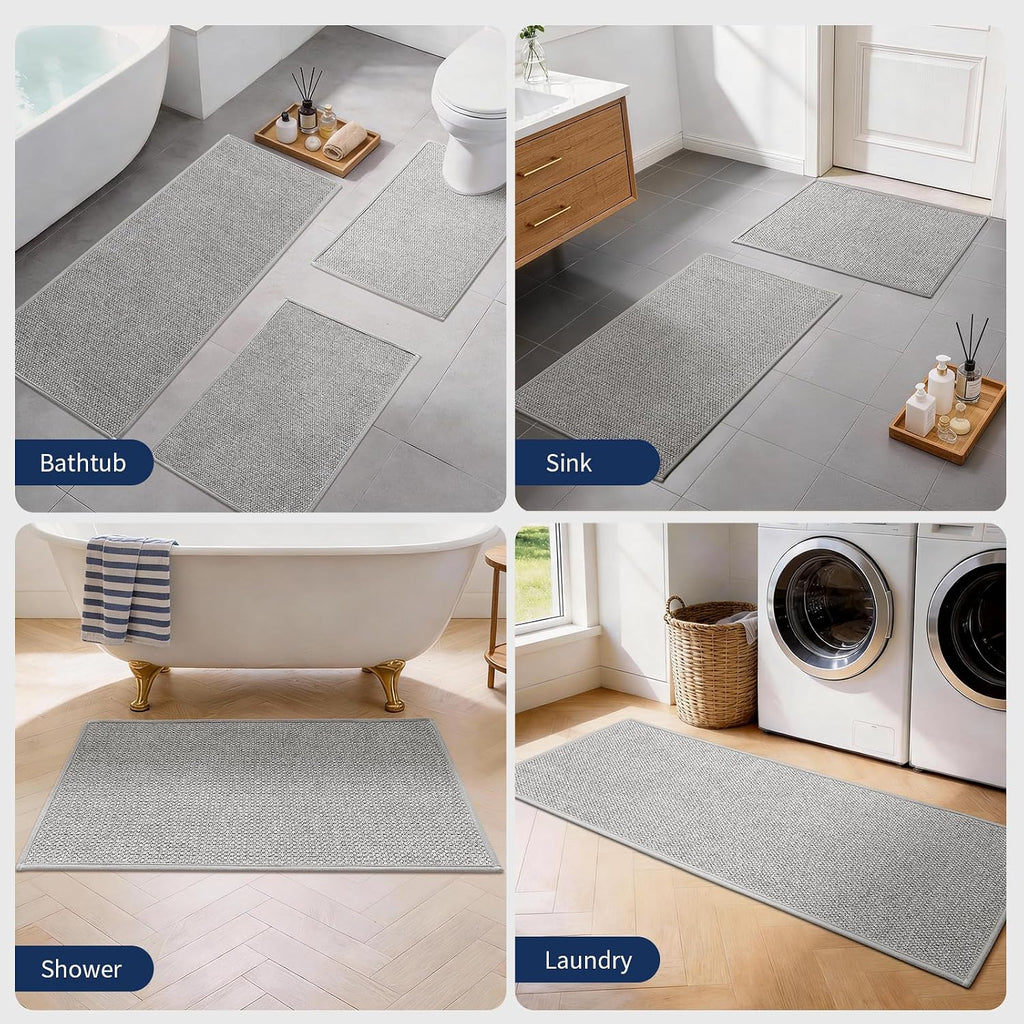 Gray Bathroom Rugs Sets 3 Piece, Quick Dry Thin Bath Mat with Toilet Rug, Non Slip Absorbent Machine Washable, Bath