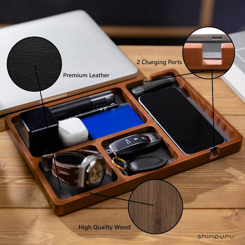 Wooden Valet Tray for Men, Nightstand Organizer with Leather Inlay, EDC Essentials Catchall Tray for Keys, Phone