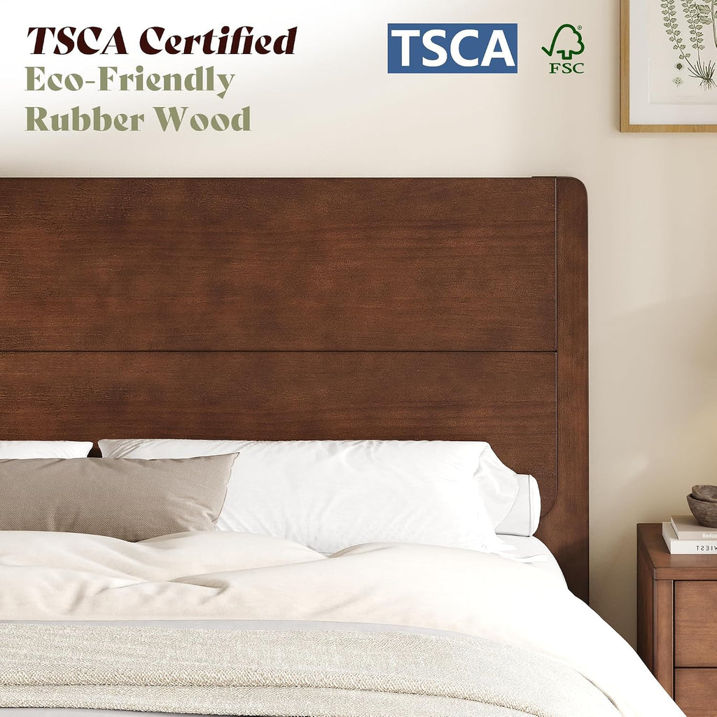 Solid Wood Queen Bed Frame with Headboard, Japanese Joinery,Walnut