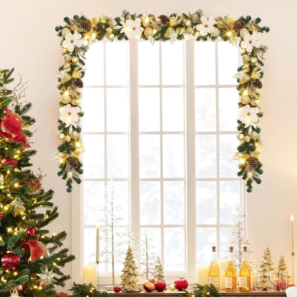 6ft Christmas Garland with Lights, Prelit Outdoor Christmas Garland with Timer 20 LED Lights Pine Cones Gold Ball