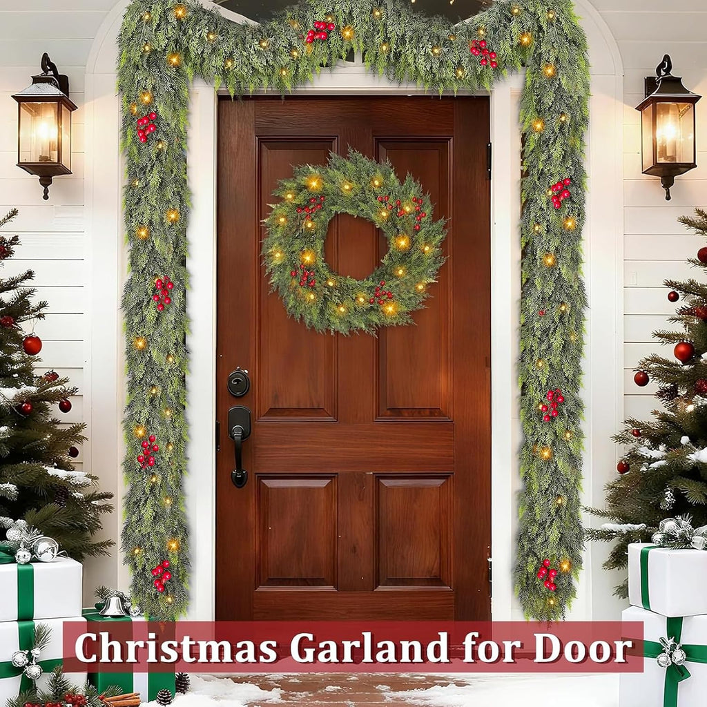 Timer & 50 LED - 9 Ft by 12 Inch Prelit Christmas Garland with Lights