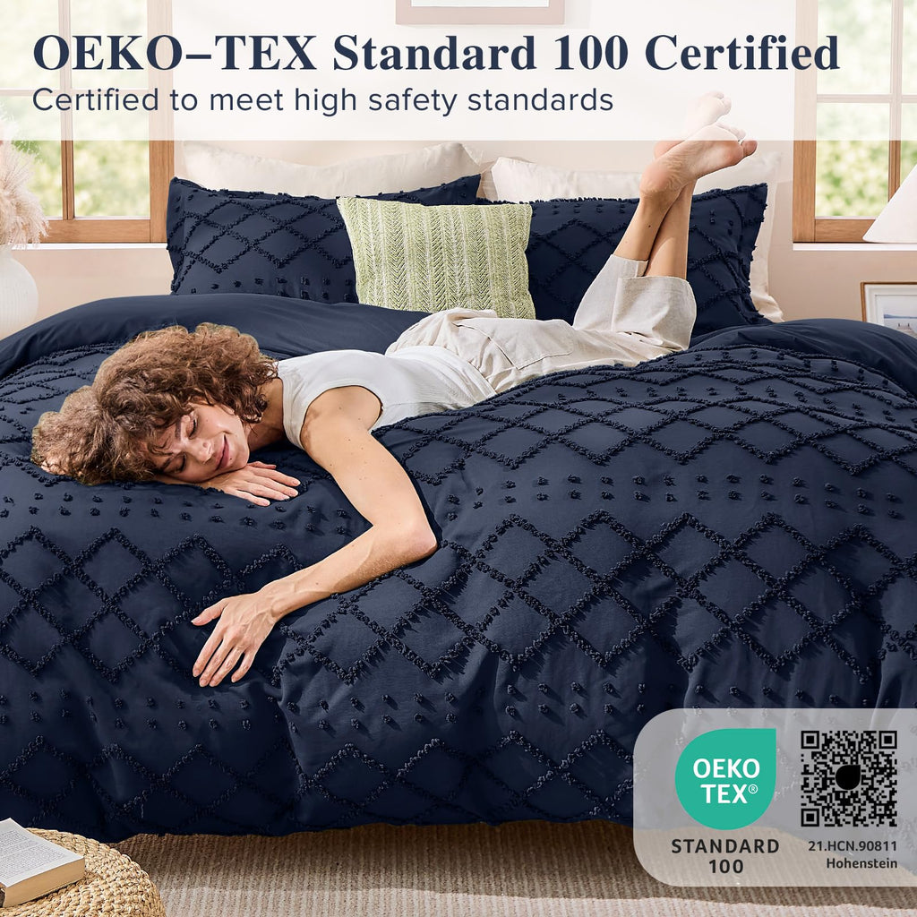 Boho Duvet Cover Set, Tufted Embroidery Bedding, 3 PCS, Navy Blue