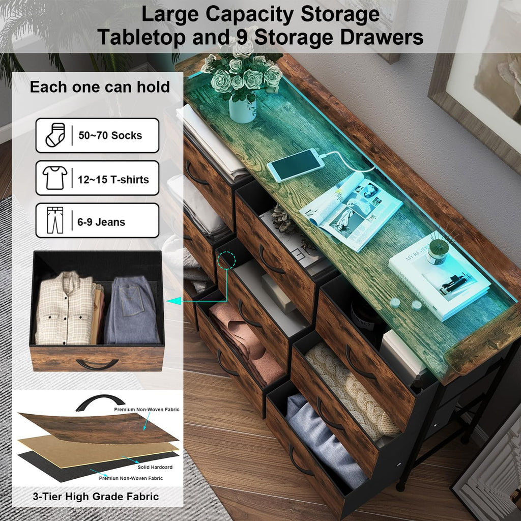 Industrial Dresser with Charging Station and LED Light Fabric Storage Dresser with 9 Fabric Drawers Chest of Drawers